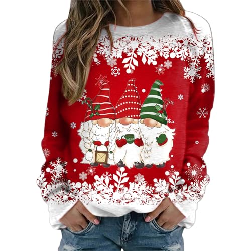 Weihnachtspullover Damen Sweatshirt Rundhals Langarm Rentier Weinglas Weihnachtsmann Druck Langarmshirt Teenager Mädchen Christmas Sweatshirt Weihnachtspulli Oberteile Tops Pullover Shirt (GA-Red, XL) von WanWorlder