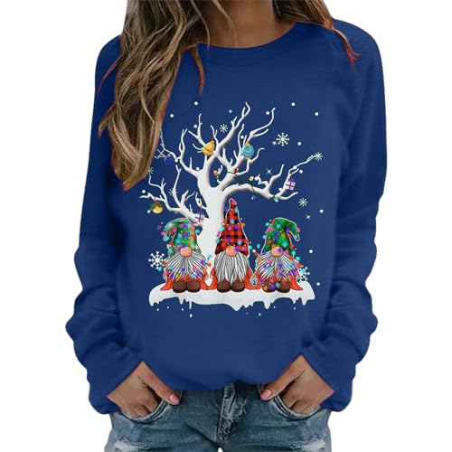 Weihnachtspullover Damen Sweatshirt Rundhals Langarm Rentier Weinglas Weihnachtsmann Druck Langarmshirt Teenager Mädchen Christmas Sweatshirt Weihnachtspulli Oberteile Tops Pullover Shirt (GB-Blue, M) von WanWorlder