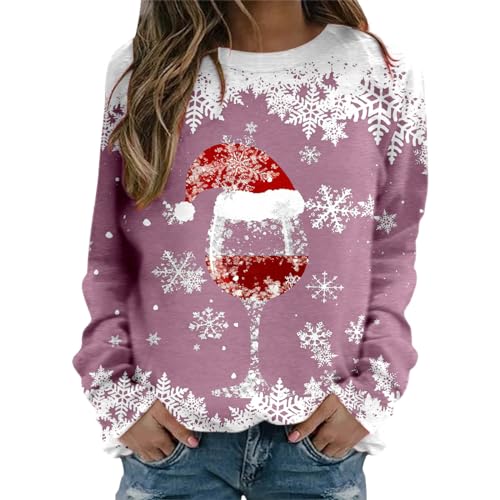 Weihnachtspullover Damen Sweatshirt Rundhals Langarm Rentier Weinglas Weihnachtsmann Druck Langarmshirt Teenager Mädchen Christmas Sweatshirt Weihnachtspulli Oberteile Tops Pullover Shirt (a-Pink, L) von WanWorlder