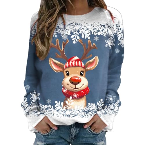 Weihnachtspullover Damen Sweatshirt Rundhals Langarm Rentier Weinglas Weihnachtsmann Druck Langarmshirt Teenager Mädchen Christmas Sweatshirt Weihnachtspulli Oberteile Tops Pullover Shirt (b-Blue, M) von WanWorlder