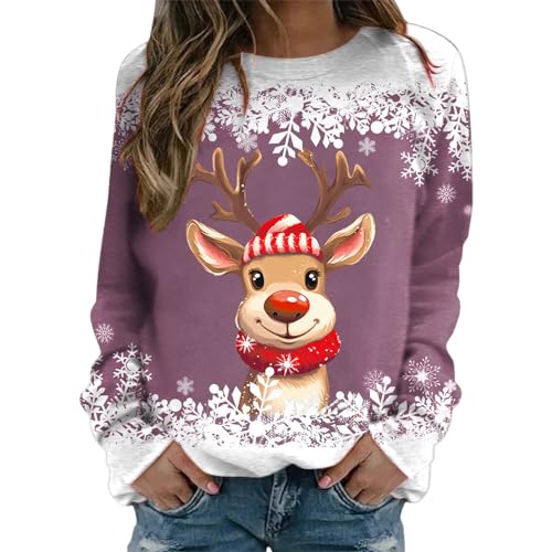 Weihnachtspullover Damen Sweatshirt Rundhals Langarm Rentier Weinglas Weihnachtsmann Druck Langarmshirt Teenager Mädchen Christmas Sweatshirt Weihnachtspulli Oberteile Tops Pullover Shirt (b-Pink, S) von WanWorlder