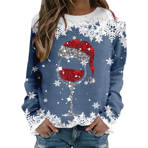 Weihnachtspullover Damen Sweatshirt Rundhals Langarm Rentier Weinglas Weihnachtsmann Druck Langarmshirt Teenager Mädchen Christmas Sweatshirt Weihnachtspulli Oberteile Tops Pullover Shirt (d-Blue, M) von WanWorlder