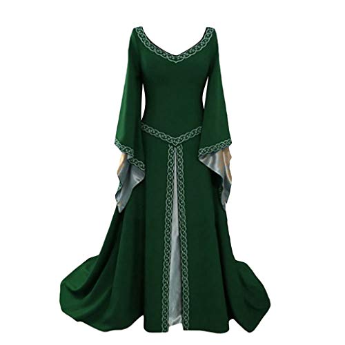 WanaYangg Elegant Damen Maxi Vintage Mittelalterlichen Kleid mit Trompetenärmel Enges Kleid Langarm Kostüm Halloween Mittelalter Adel Kleidung Fasching Party Gothic Abendkleid Ballkleid 2# grün 2XL von WanYangg