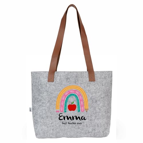 Wanapix | Graue Personalisierte Filztasche | Geschenk für Lehrer | Shopper Schultertasche | Personalisierbar mit Name der Lehrerin | Verstärkte Lange Trageriemen | Abschlussgeschenk | Beste Lehrerin von Wanapix