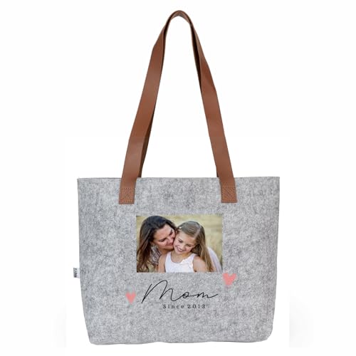 Wanapix | Graue Personalisierte Filztasche | Muttertagsgeschenk | Shopper Schultertasche | Personalisierbar mit Foto und Text | Verstärkte Lange Trageriemen | Ideales Muttertagsgeschenk | Mama von Wanapix