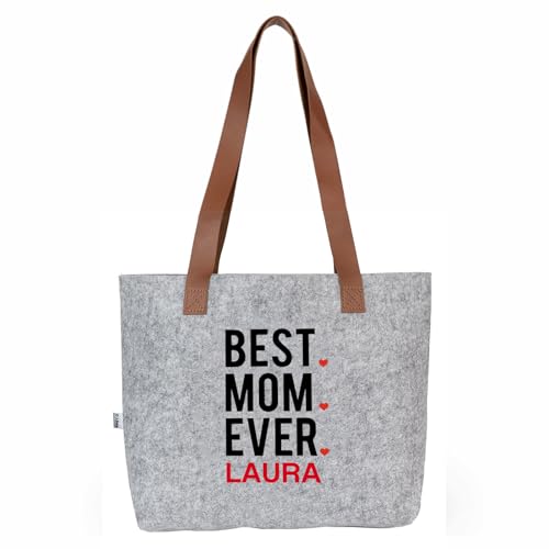 Wanapix | Graue Personalisierte Filztasche | Muttertagsgeschenk | Shopper Schultertasche | Personalisierbar mit Name der Mama | Verstärkte Lange Trageriemen | Beste Mama aller Zeiten von Wanapix