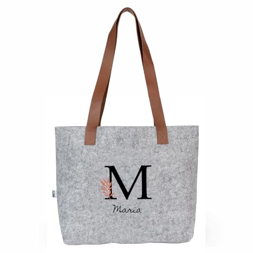 Wanapix | Graue Personalisierte Filztasche | Shopper Schultertasche | Personalisierbar mit Initiale und Name | Verstärkte Lange Trageriemen | Umweltfreundliche Tasche | Zweig mit Blättern von Wanapix