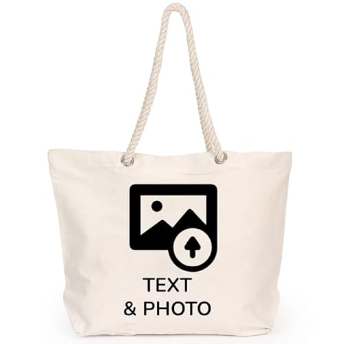 Wanapix | Personalisierte Strandtasche | Baumwolltasche mit deinem Foto bedruckt | Mit Baumwollgriffen in Form von Seemannstauen | 100% Baumwolltasche 12 l Fassungsvermögen | 100% personalisiert von Wanapix