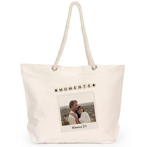 Wanapix | Personalisierte Strandtasche | Baumwolltasche mit deinem Foto bedruckt | Mit Baumwollgriffen in Form von Seemannstauen | 100% Baumwolltasche mit 12 l Fassungsvermögen | Moments von Wanapix