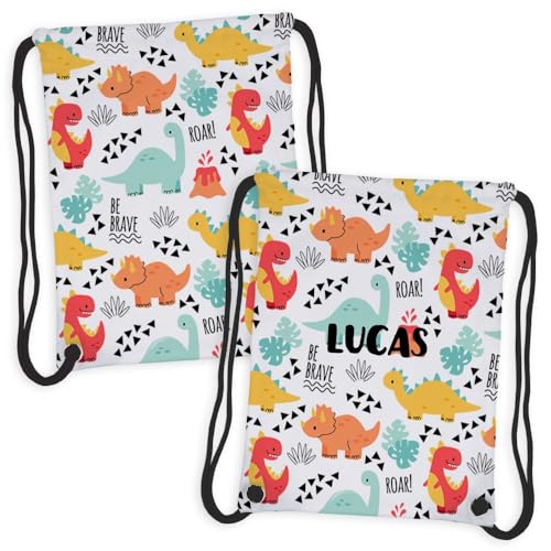 Wanapix | Turnbeutel für Kinder mit Text | Mini Rucksack personalisiert | Sportbeutel | Kindergarten und Schule | Wasserdicht | 27 x 33 cm | Dinosaurier von Wanapix