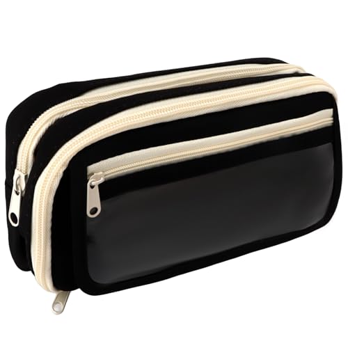 Wanciler Federmäppchen mit großem Fassungsvermögen und 3 Fächern, Schreibwaren-Organizer für Jungen und Mädchen, ästhetisches Federmäppchen für Teenager, Studenten, College, Büro, Erwachsene, Schwarz von Wanciler