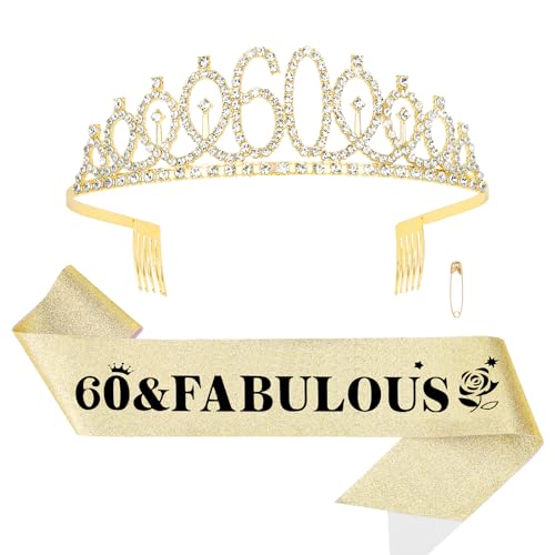 Wanciler Geburtstag Schärpe & Strass Tiara Set 60. Geburtstag Tiara und Schärpe für Frauen 60 und fabelhaftes Gold Geburtstag Party Supplies von Wanciler