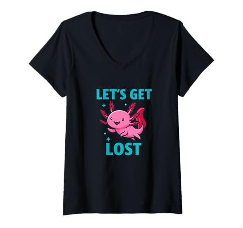 Damen Let's Get Lost Axolotl Lustiges Abenteuer Tier Zitat T-Shirt mit V-Ausschnitt Damen Let's Get Lost Axolotl Lustiges Abenteuer Tier Zitat T-Shirt mit V-Ausschnitt von Wander Vibes Axolotl & Travel Apparel