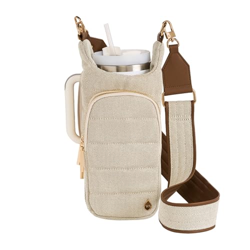WanderFull HydroBag Griff, Reißverschluss für Griff, 1,2 l Wasserflaschenhalter mit Gurt, Crossbody-Wasserflaschen-Tragetasche mit Handytasche, Trinkglas-Zubehör, Haferflocken-Canvas mit veganem von WanderFull
