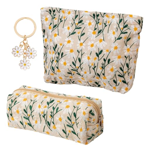 2 StüCk Schminktasche Damen Mit 1 StüCk GäNseblüMchen-SchlüSselanhäNger,Kosmetiktasche Blumen, Make-Up-Taschen FüR Frauen, Multifunktionale Kosmetiktasche FüR MäDchen von WanderGo