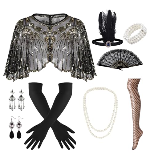 9 Stück 1920er Flapper Great Gatsby Accessoires Set, 20er jahre accessoires, Enthält Haarschmuck, Kopfbedeckungen, schwarze lange Handschuhe, modische Halsketten und Ohrringe sowie Fächer. von WanderGo