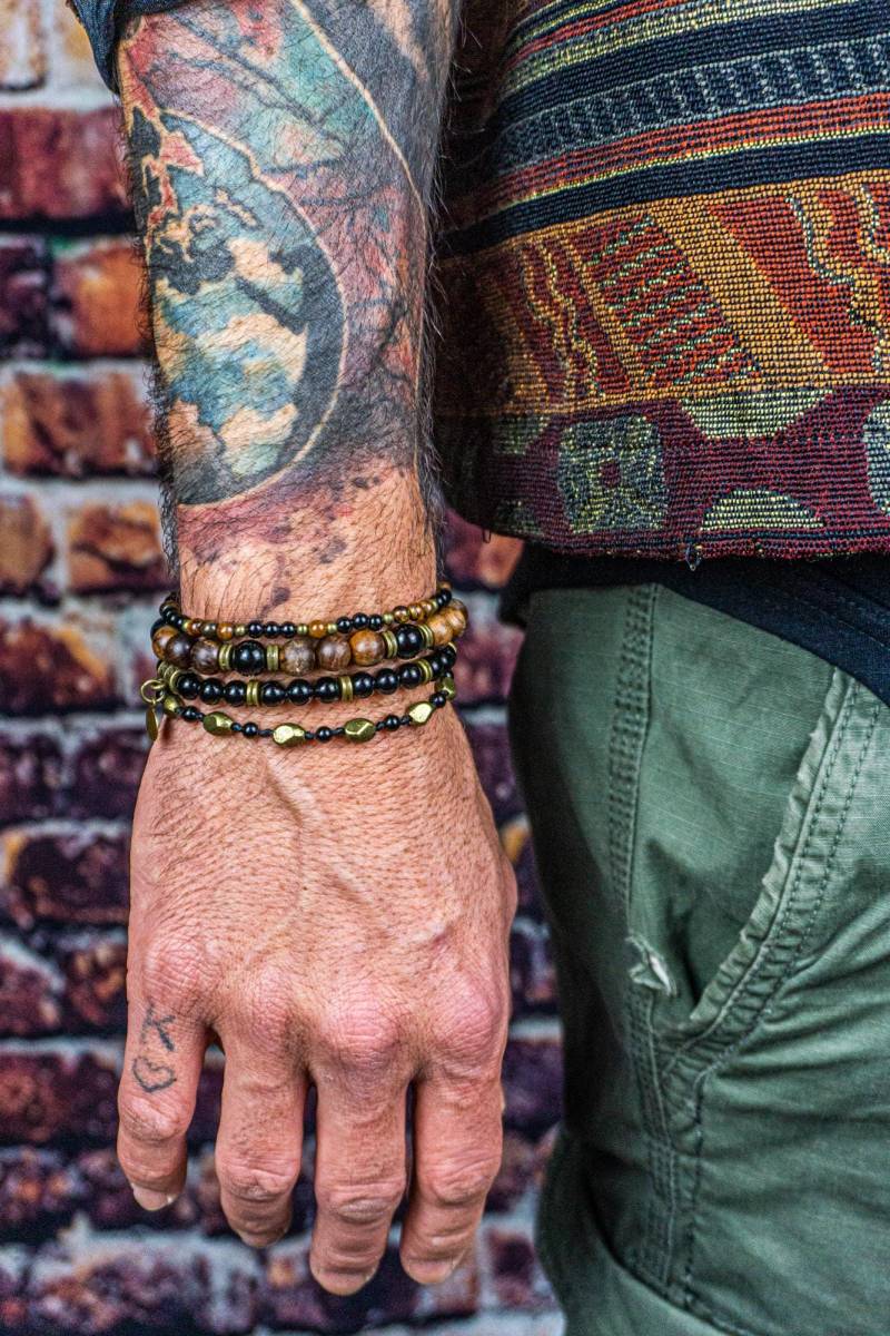 Schwarz Onyx Tigerauge Innere Stärke Perlen Armband Set Für Herren - Stapelschutz Armbänder Boho Edelstein Perle von WanderJewellery