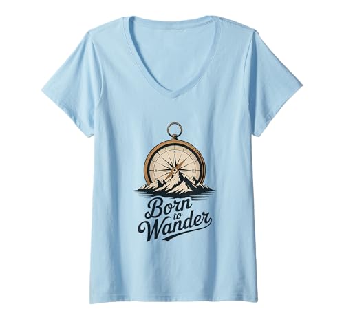 Damen Born to Wander Compass Mountain Grafik T-Shirt mit V-Ausschnitt Damen Born to Wander Compass Mountain Grafik T-Shirt mit V-Ausschnitt von WanderSoul Apparel