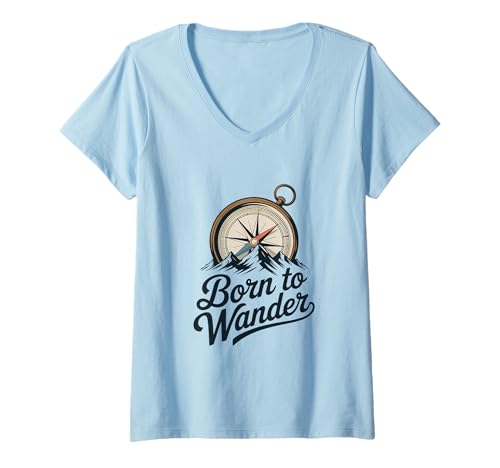 Damen Born to Wander Compass Mountain Grafik T-Shirt mit V-Ausschnitt Damen Born to Wander Compass Mountain Grafik T-Shirt mit V-Ausschnitt von WanderSoul Apparel