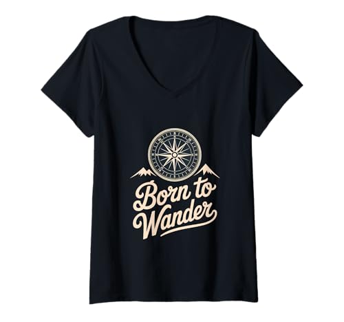 Damen Born to Wander Compass Mountain Grafik T-Shirt mit V-Ausschnitt Damen Born to Wander Compass Mountain Grafik T-Shirt mit V-Ausschnitt von WanderSoul Apparel