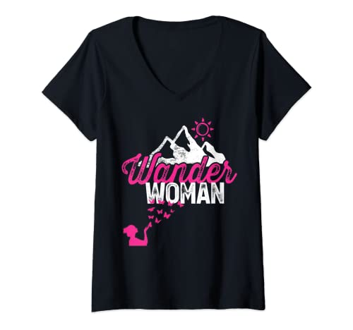 Damen WanderWoman Shirt Frauen Damen Wanderung Wander Woman T-Shirt mit V-Ausschnitt von WanderWoman Schmetterlinge Berge Shirt
