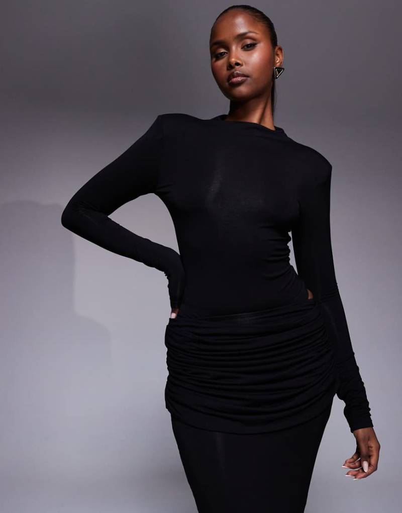 Wanderdoll - Ashtin - Hochgeschlossener, formender, langärmliger, hautenger Body in Schwarz mit Schulterpolstern, Kombiteil von Wanderdoll