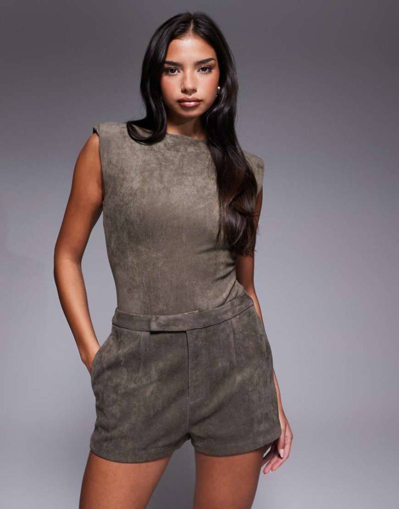 Wanderdoll - Body aus Wildlederimitat in Taupe mit Schulterpolstern, Kombiteil-Neutral von Wanderdoll