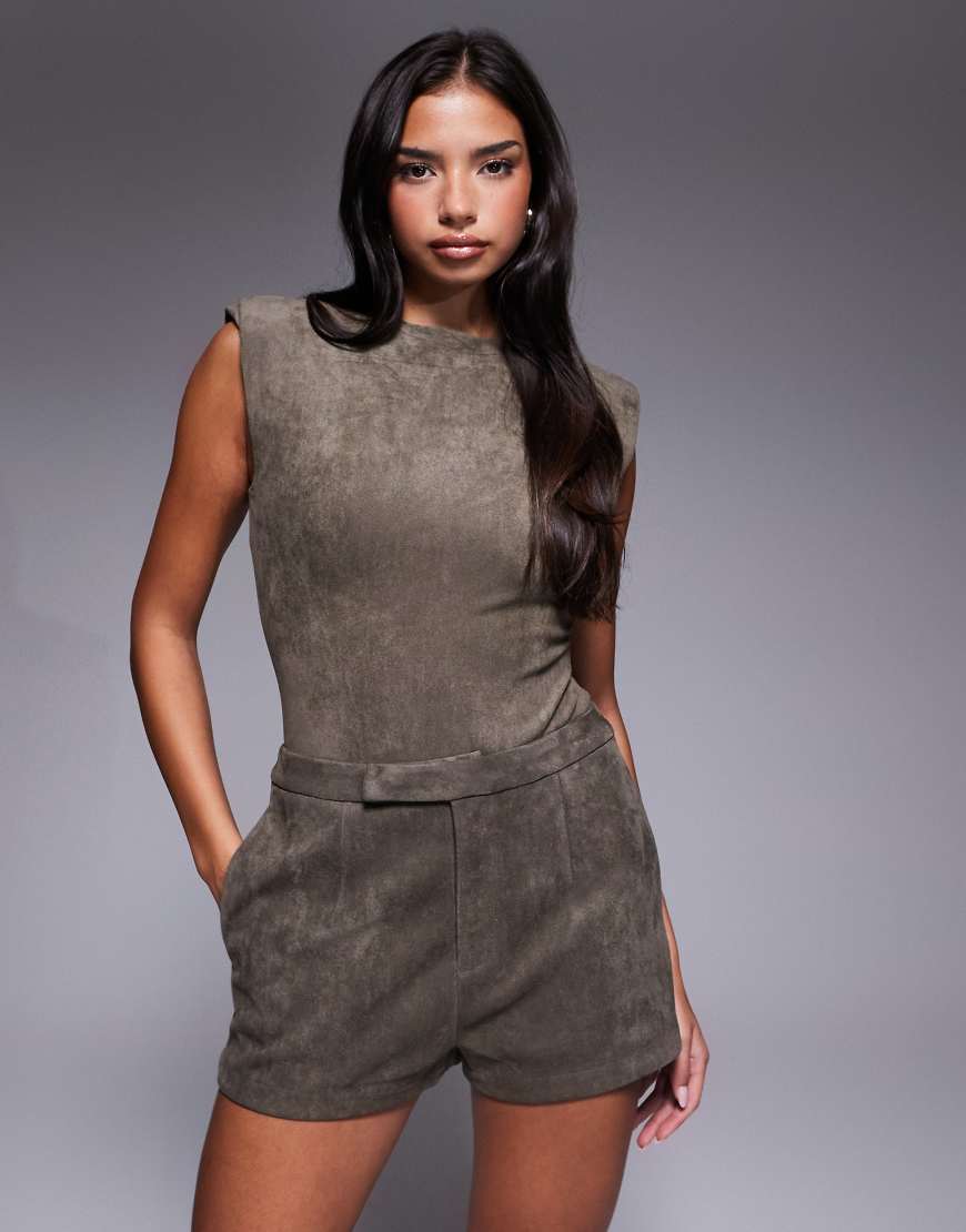 Wanderdoll - Body aus Wildlederimitat in Taupe mit Schulterpolstern, Kombiteil-Neutral von Wanderdoll