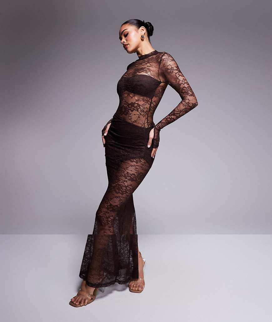 Wanderdoll - Britney - Set aus Spitze in Schokoladenbraun, bestehend aus hochgeschlossenem Body und Maxirock mit Drapierung von Wanderdoll