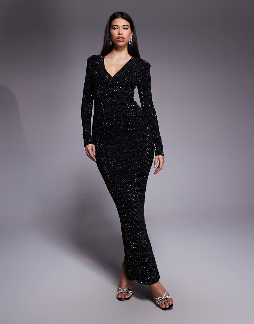 Wanderdoll - Drew - Figurbetontes Maxikleid in Schwarz mit Strassbesatz, tiefem Ausschnitt und Raffung von Wanderdoll