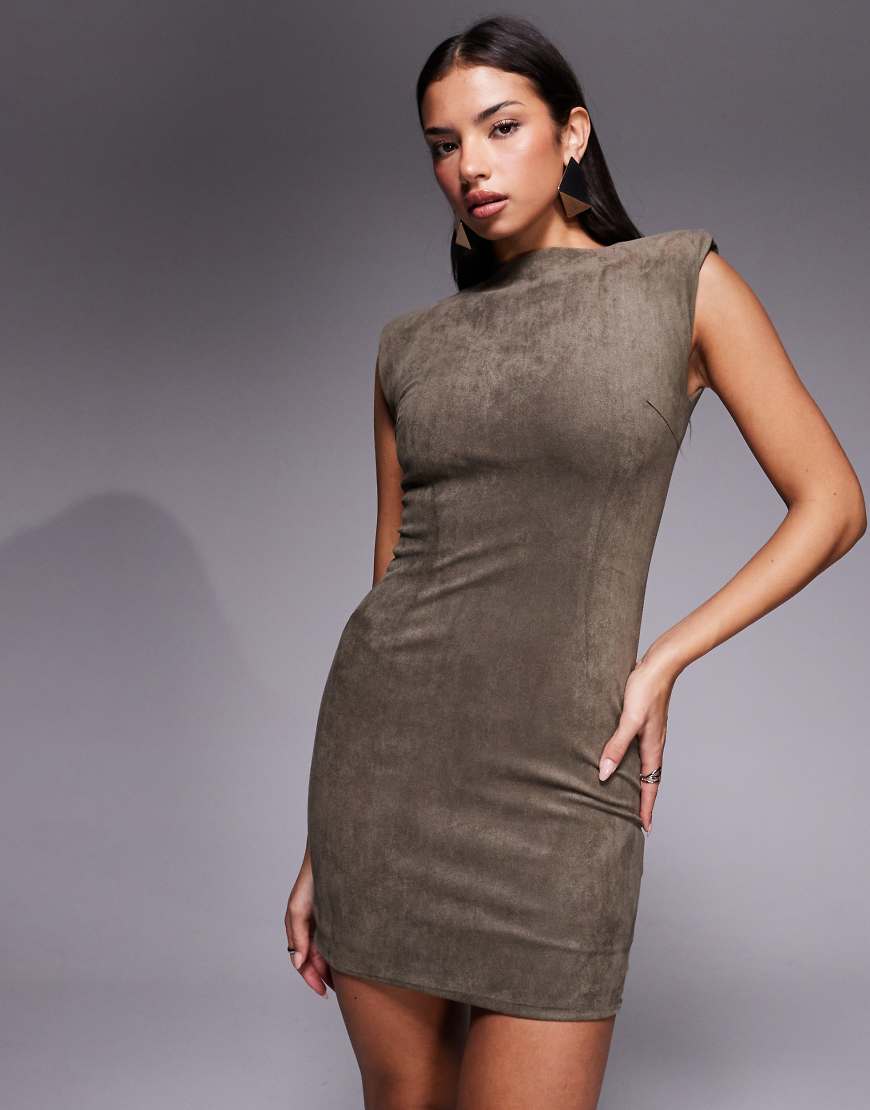 Wanderdoll - Figurbetontes Bodycon-Minikleid aus Wildlederimitat in Taupe mit Schulterpolstern, Kombiteil-Neutral von Wanderdoll