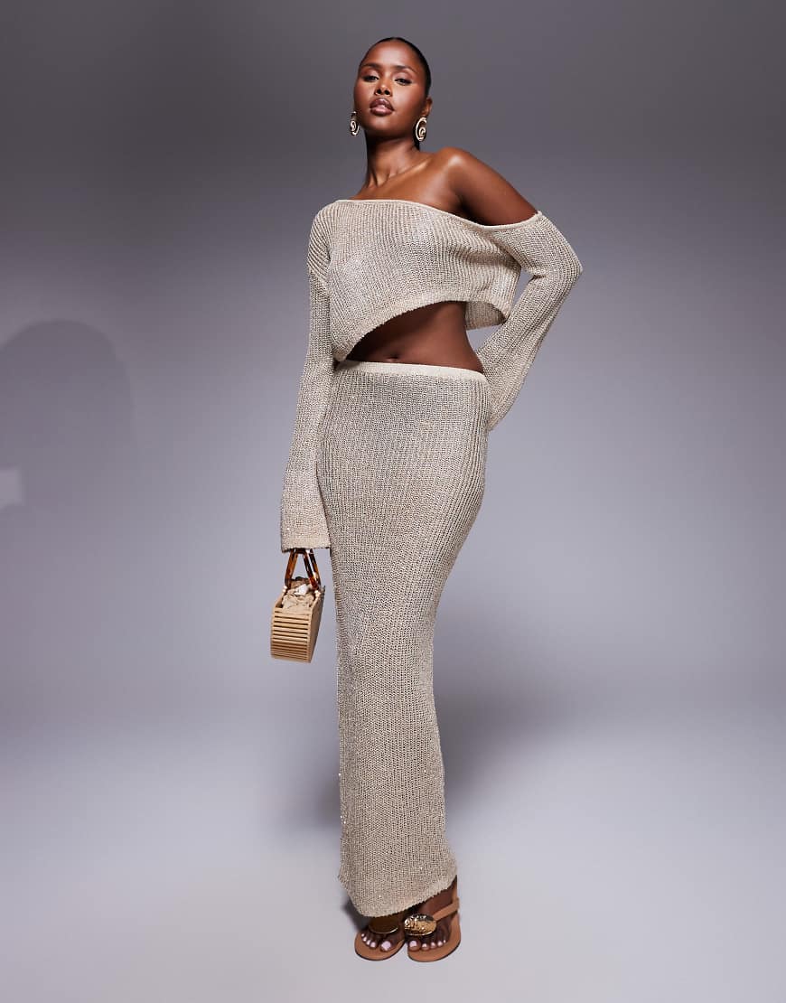 Wanderdoll - Gigi - Maxi-Strandrock aus Metallic-Strick in Gold, Kombiteil-Goldfarben von Wanderdoll