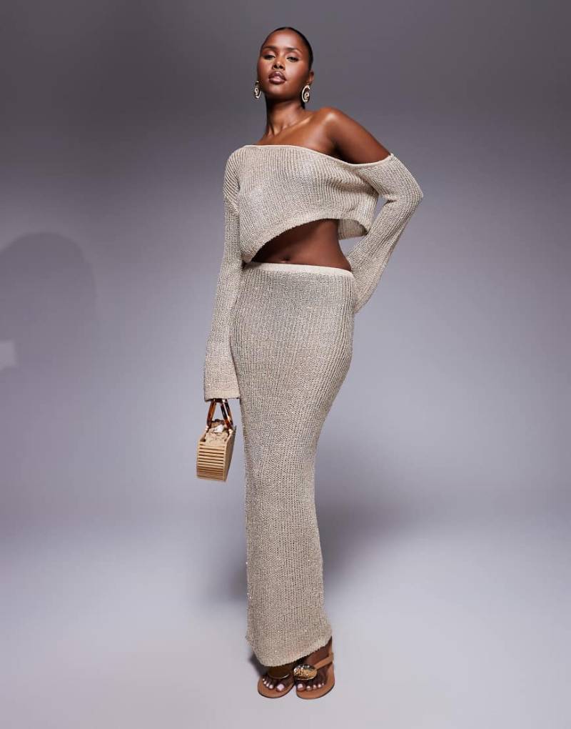 Wanderdoll - Gigi - Maxi-Strandrock aus Metallic-Strick in Gold, Kombiteil-Goldfarben von Wanderdoll