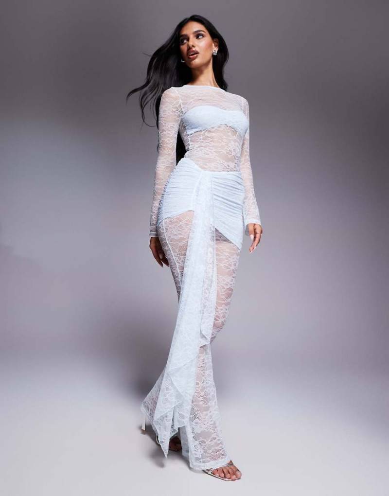 Wanderdoll - Jamie - Exklusiver Spitzen-Jumpsuit in Hellblau mit drapiertem Detail von Wanderdoll