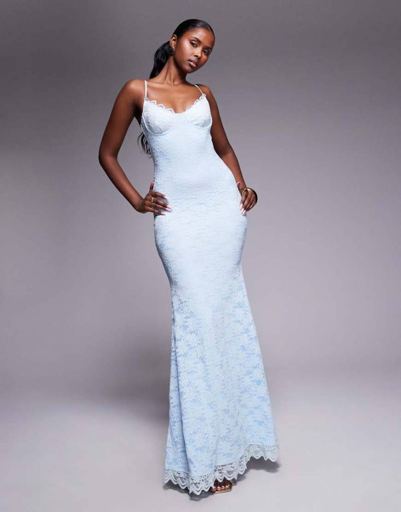 Wanderdoll - Leah - Strukturiertes Spitzen-Maxikleid in Hellrosa mit Camisole-Trägern und Meerjungfrauensaum-Blau von Wanderdoll