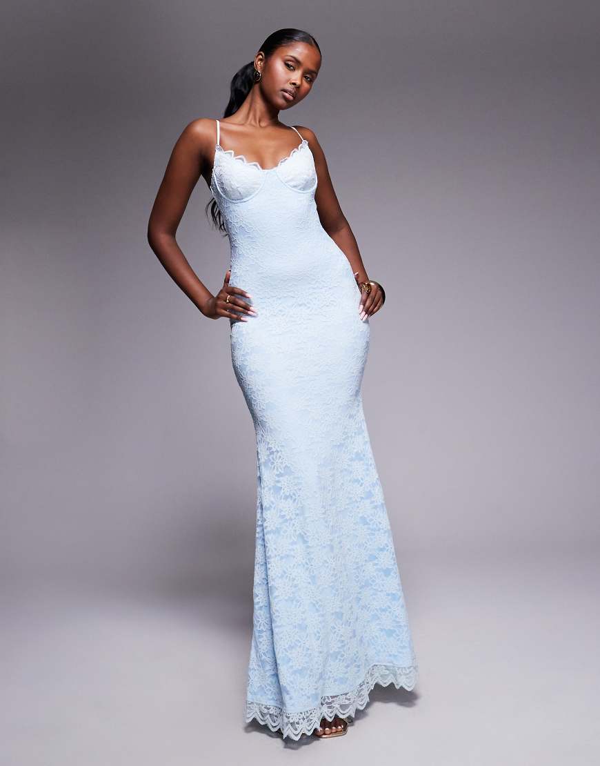 Wanderdoll - Leah - Strukturiertes Spitzen-Maxikleid in Hellrosa mit Camisole-Trägern und Meerjungfrauensaum-Blau von Wanderdoll