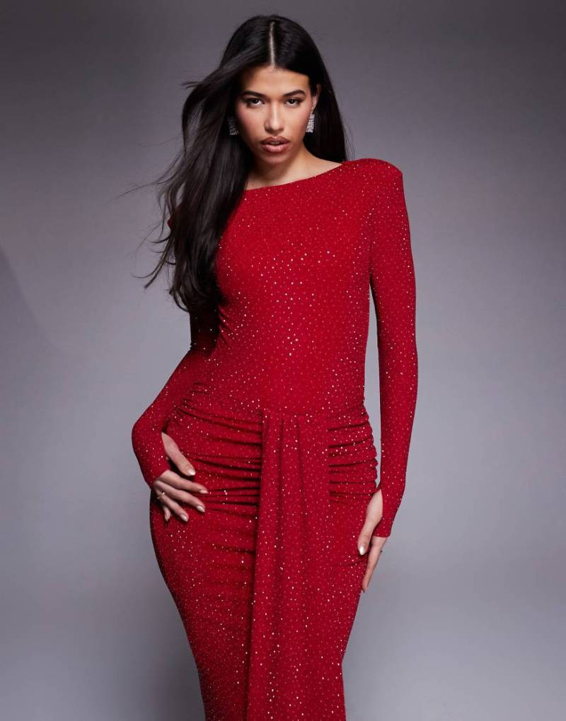 Wanderdoll - Nara - Figurbetonter Bodysuit in Rot mit Strassverzierung und U-Boot-Ausschnitt, Kombiteil von Wanderdoll