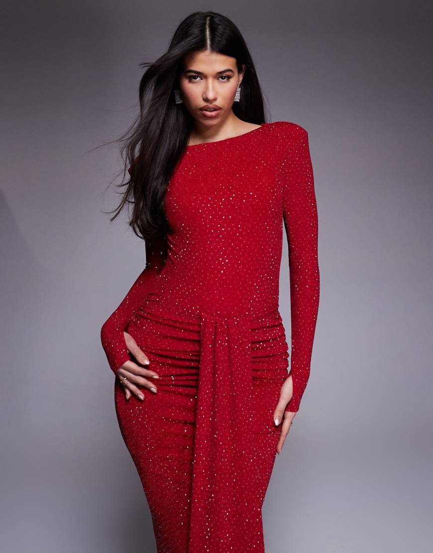 Wanderdoll - Nara - Figurbetonter Bodysuit in Rot mit Strassverzierung und U-Boot-Ausschnitt, Kombiteil von Wanderdoll