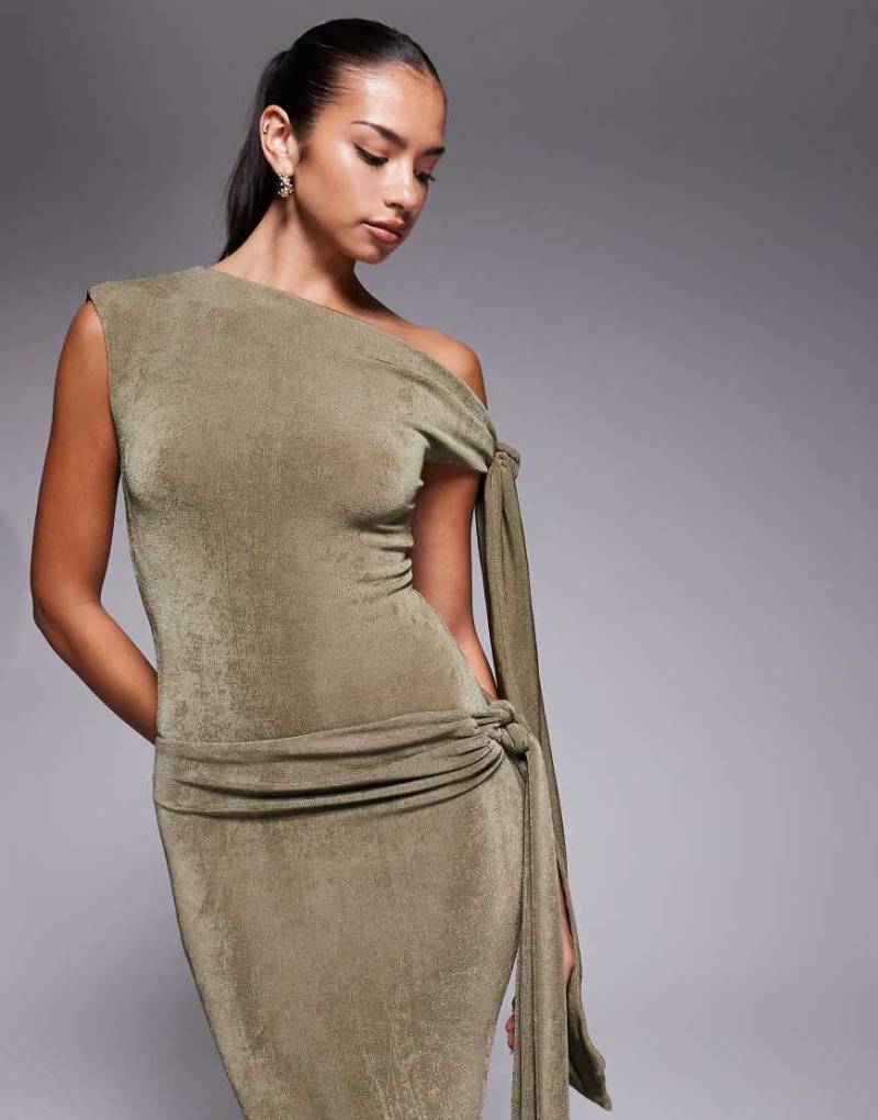 Wanderdoll - Noa - Hochwertiger, figurbetonter, schulterfreier Body in Khaki mit gebundenem Trägerdetail und Drapierung, Kombiteil-Neutral von Wanderdoll