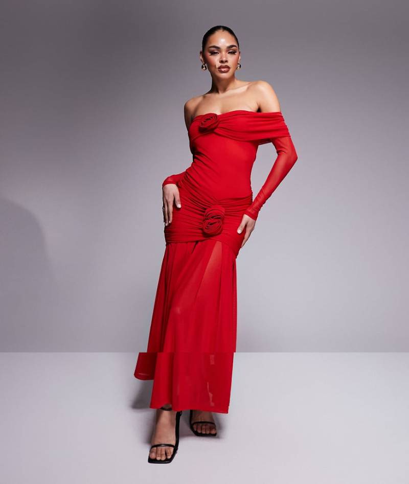 Wanderdoll - Vivienne - Langärmliges Maxikleid aus Netzstoff in Rot mit umgeschlagenem Carmen-Ausschnitt von Wanderdoll