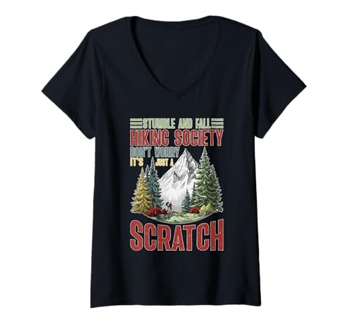 Damen Stumble and Fall Hiking Club Just A Scratch No Worry T-Shirt mit V-Ausschnitt Damen Stumble and Fall Hiking Club Just A Scratch No Worry T-Shirt mit V-Ausschnitt von Wanderhumor Trail Bloopers Club