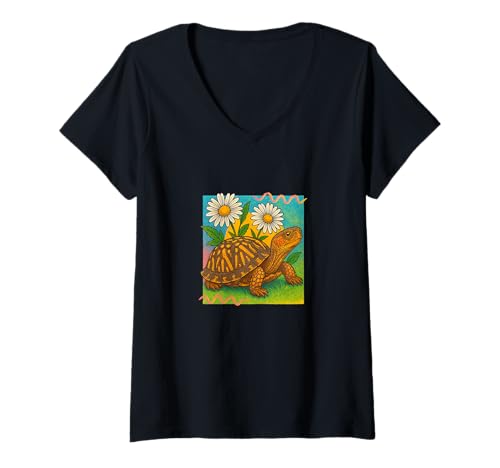 Damen Cottagecore-Blumenkunst mit Kastenschildkröte mit Gänseblümchen T-Shirt mit V-Ausschnitt Damen Cottagecore-Blumenkunst mit Kastenschildkröte mit Gänseblümchen T-Shirt mit V-Ausschnitt von Wandering Meadow Bloom Arts