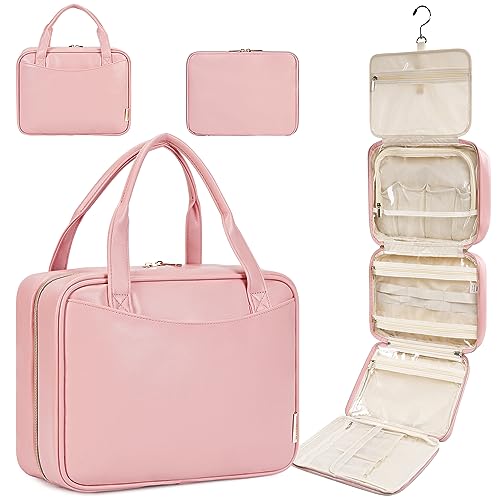 2-in-1-Kulturtasche für Damen, abnehmbarer Reise-Make-up-Organizer, 5 Fächer, PU-Leder, wasserdichte Make-up-Kosmetiktasche für Toilettenartikel in voller Größe, Pink, Kulturbeutel von Wandering Nature