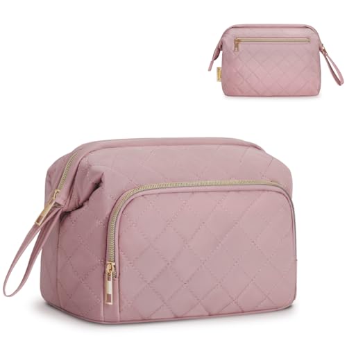 Große Kosmetiktasche Damen Make Up Tasche, Schminktasche mit Weiter Öffnung für Make-up und Reisen, Gesteppte Kulturtasche für Toilettenartikel, Rosa (Patent Angemeldet) von Wandering Nature