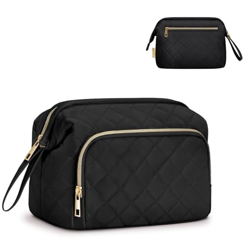 Große Kosmetiktasche Damen Make Up Tasche, Schminktasche mit Weiter Öffnung für Make-up und Reisen, Gesteppte Kulturtasche für Toilettenartikel, Schwarz (Patent Angemeldet) von Wandering Nature