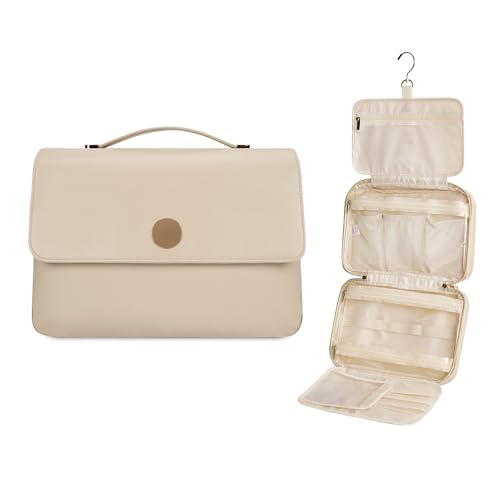 Kulturbeutel für Damen, zum Aufhängen, Reise-Make-up-Organizer mit 4 Fächern, PU-Leder, wasserdichte Kulturbeutel für Toilettenartikel in voller Größe, Beige, 4 Fächer von Wandering Nature