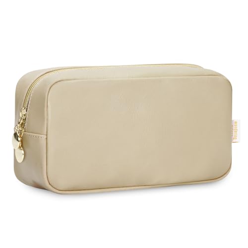 Kosmetiktasche Damen Reise Schminktasche Klein für Handtasche Make Up Tasche PU Leder Tragbare Makeup Bag Mittelgroß mit Reißverschluss, Beige (Patent Angemeldet) von Wandering Nature