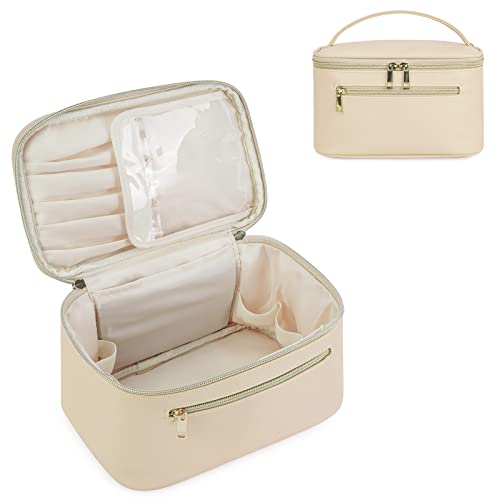 Kosmetiktasche Damen Schminktasche Groß Reise Make Up Tasche mit Bürstenfach Organizer Kulturbeutel PU-Leder Tragbare Makeup Bag, Beige (Patent Angemeldet) von Wandering Nature