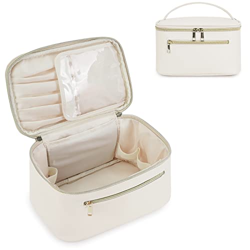 Kosmetiktasche Damen Schminktasche Groß Reise Make Up Tasche mit Bürstenfach Organizer Kulturbeutel PU-Leder Tragbare Makeup Bag, Milchig Weiß (Patent Angemeldet) von Wandering Nature