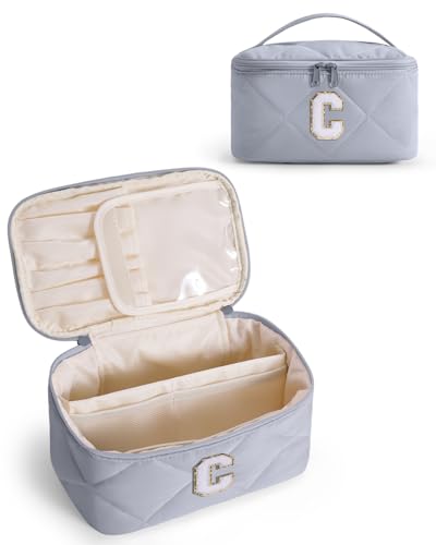 Wandering Nature Puffer Make-up-Tasche, personalisierbar, Reise-Make-up-Organizer, Kosmetiktasche mit Pinselhalter und Trennwand, Geschenk mit Chenille-Buchstaben für Mütter, Ehefrauen, Freundin von Wandering Nature